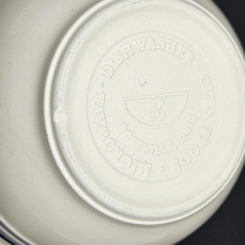 Friendship Pottery 6" Mixing Bowl Roseville Ohio 2 Blue Stripes on Cream - Picture 9 of 10